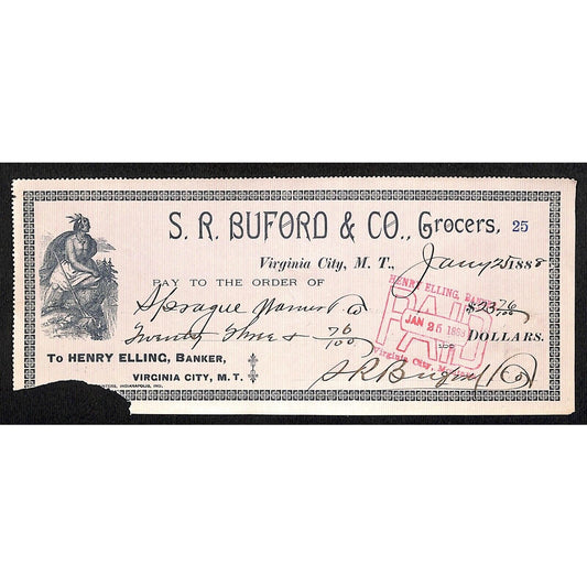 1888 Henry Elling Virginia City Montana Territory S.R. Buford Grocers Check #25