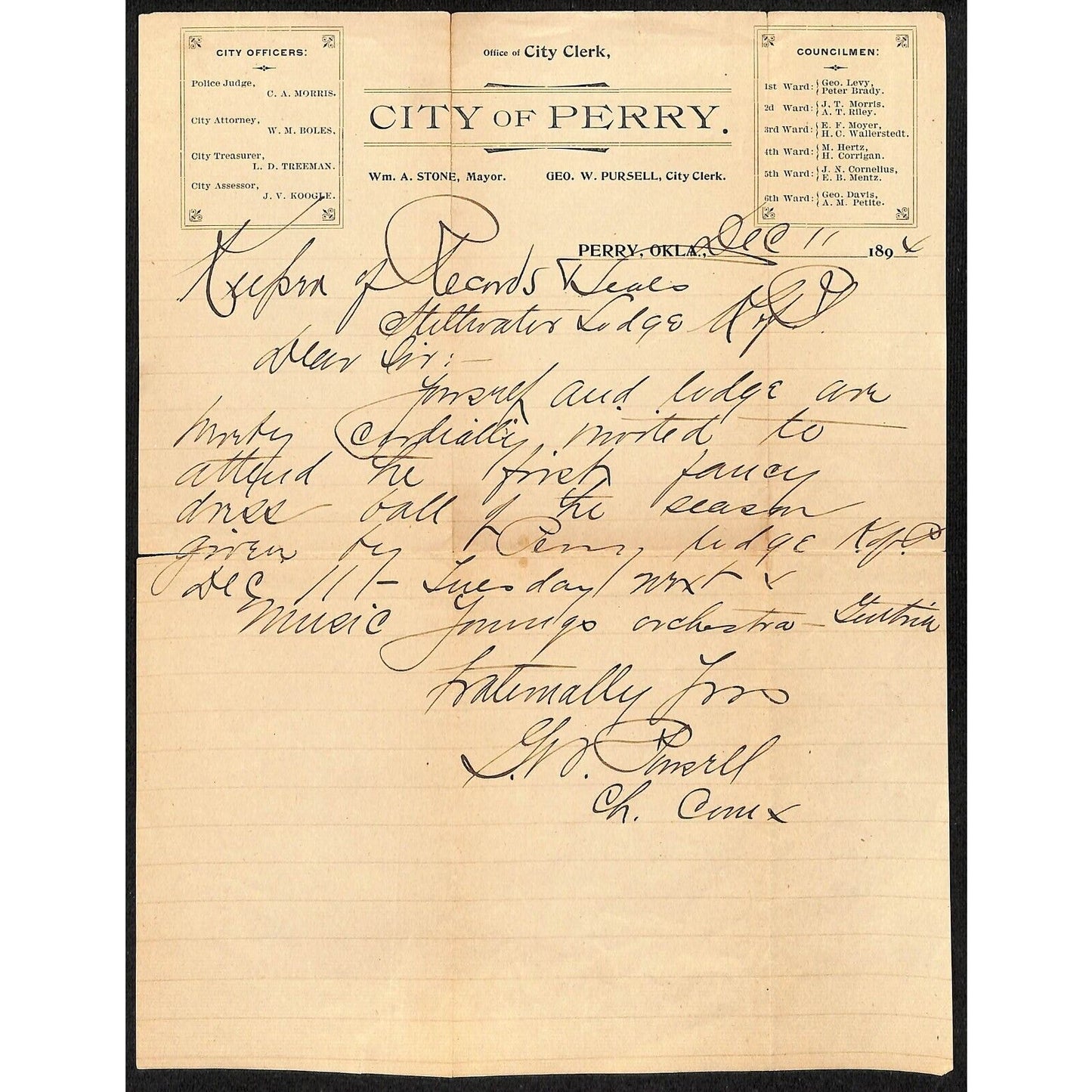 1894 City of Perry, OK Indian Territory Letterhead re: Stillwater Lodge