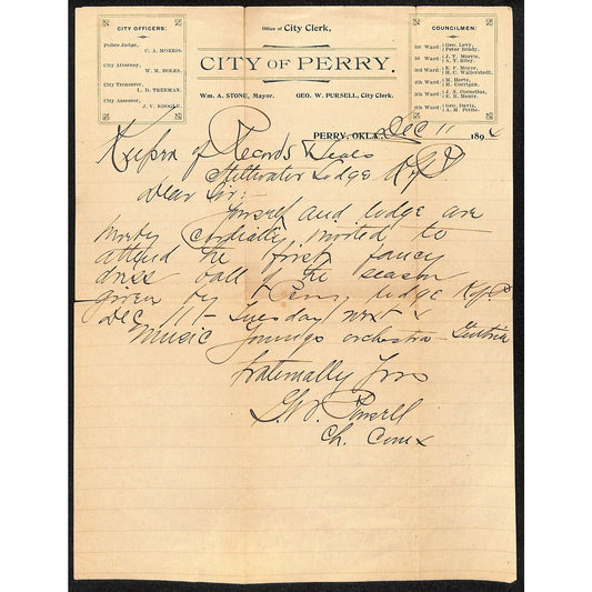 1894 City of Perry, OK Indian Territory Letterhead re: Stillwater Lodge