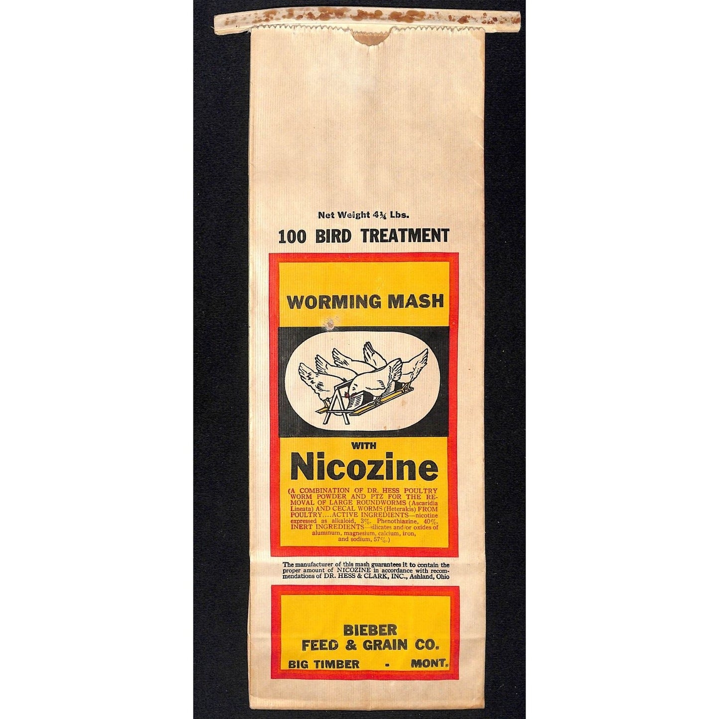 Bieber Feed & Grain Co. Big Timber, MT Hess Nicozine Worming Mash Bag c1955 (#1)