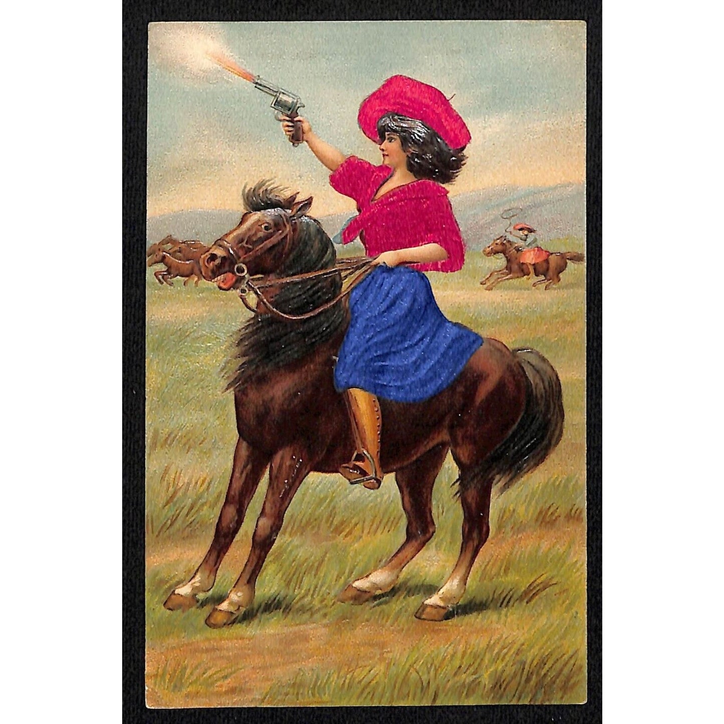 Cowgirl Horse Fires Pistol Embossed w/ Applied Silk Clothes c1907 Postcard (#7)
