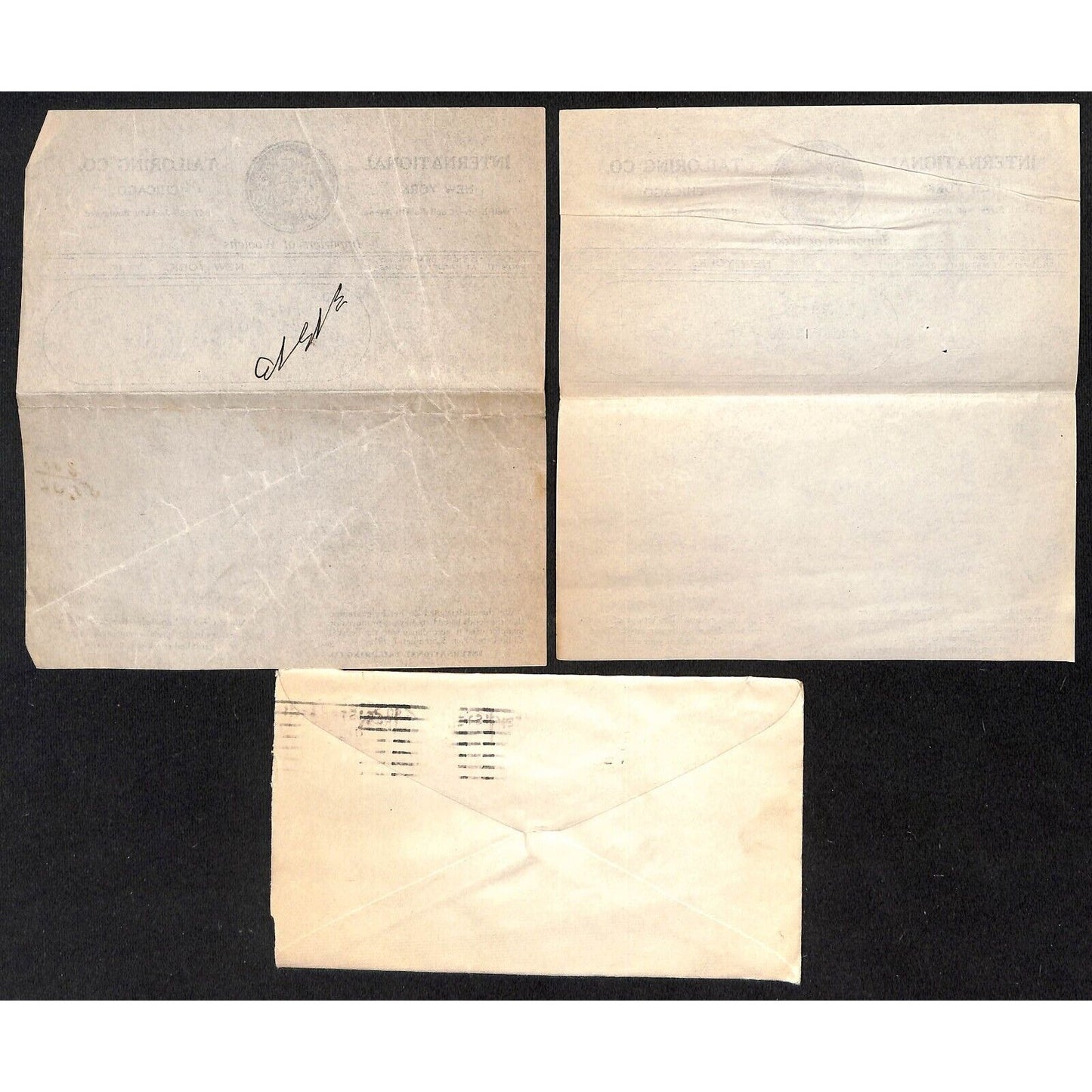 International tailoring Co. 12th St. & Fourth Ave NYC 1925 2 Billheads + Cover