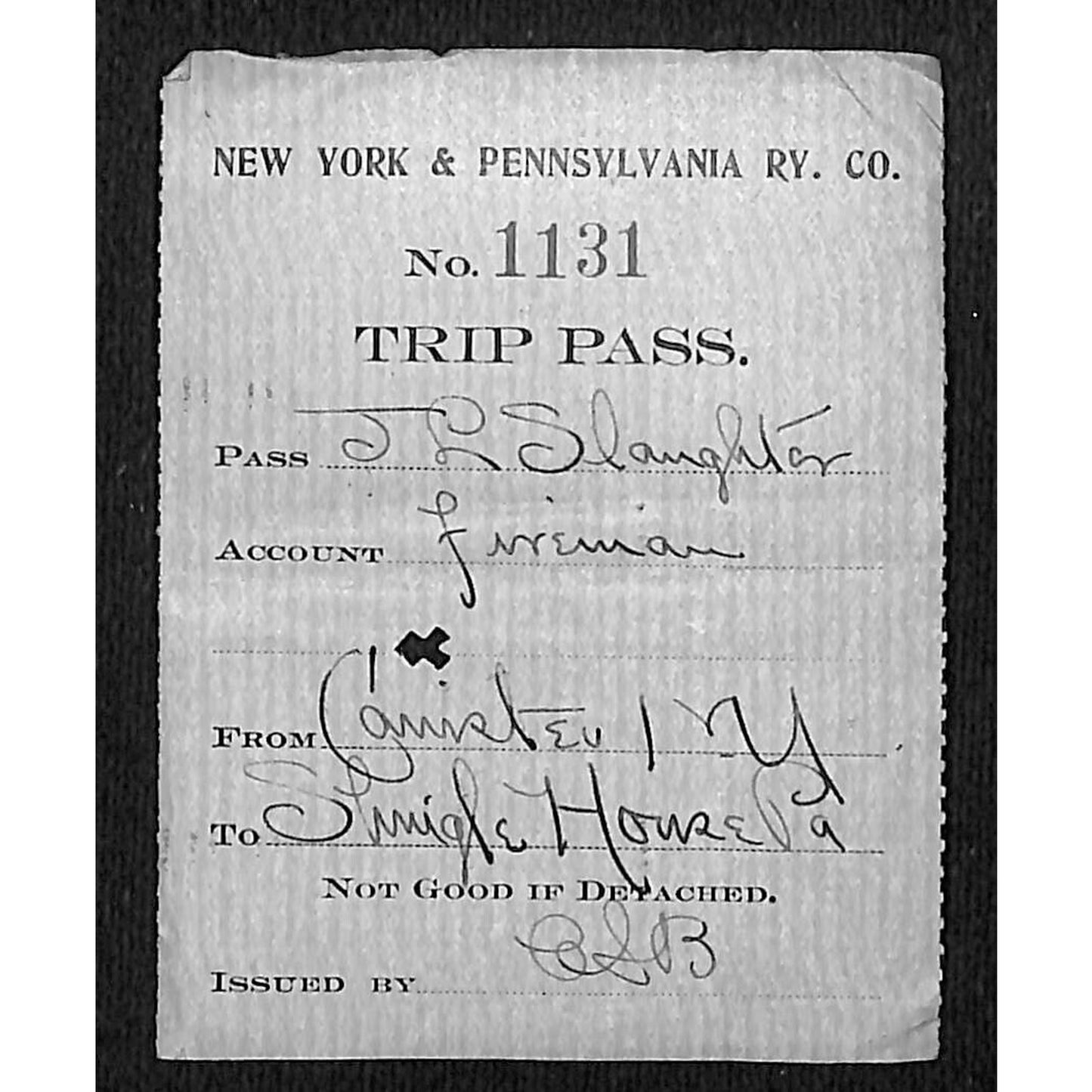 New York & Pennsylvania Ry c1917 Trip Pass Ticket Stub w/Hand Writing #1131
