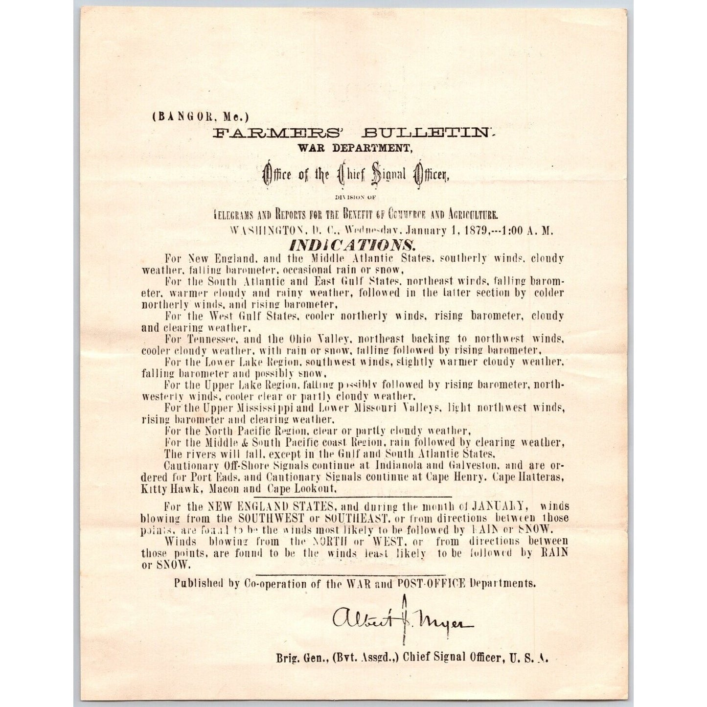 Bangor, ME Chief Signal Office, War Department Farmers' Bulletin - Jan. 1, 1879