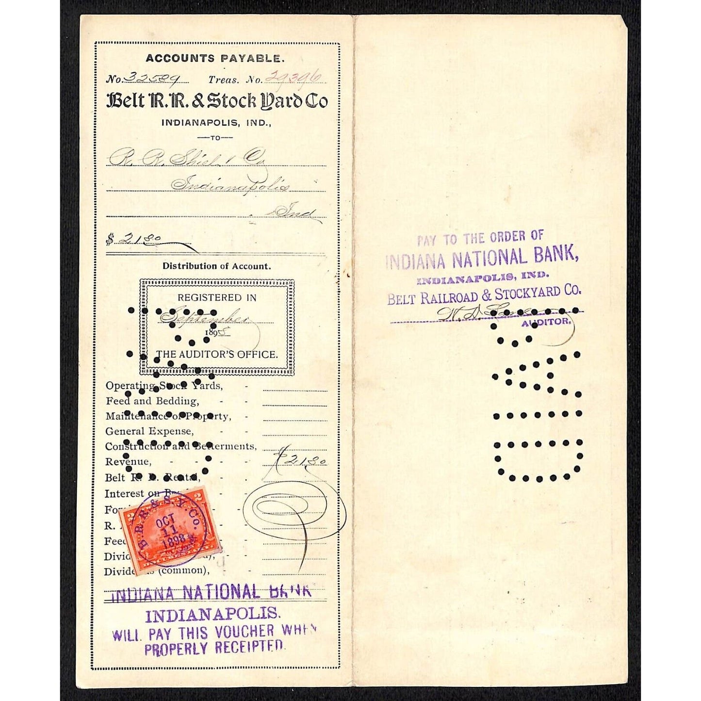 1898 Belt Railroad and Stock Yard Indianapolis Payment Voucher w/ Tax Stamp