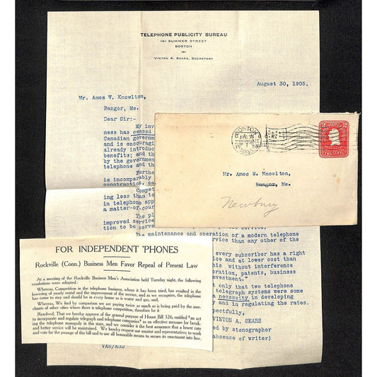 Boston, MA 1905 Telephone Publicity Bureau Letterhead & Cover Knowlton*