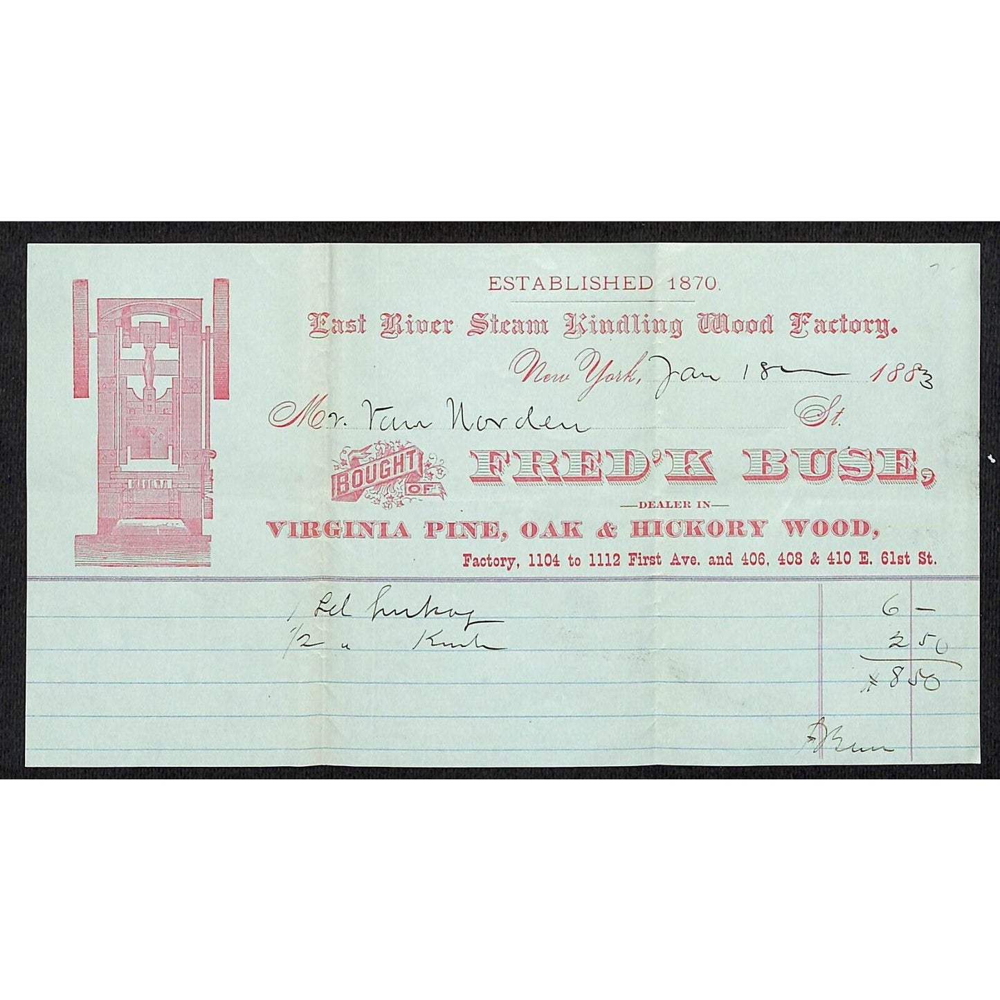 Fred'k Buse East River Steam Kindling Wood Factory New York 1883 VGC Scarce