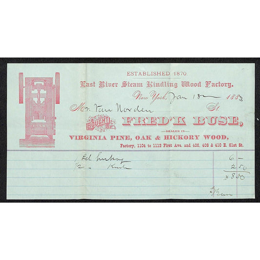 Fred'k Buse East River Steam Kindling Wood Factory New York 1883 VGC Scarce