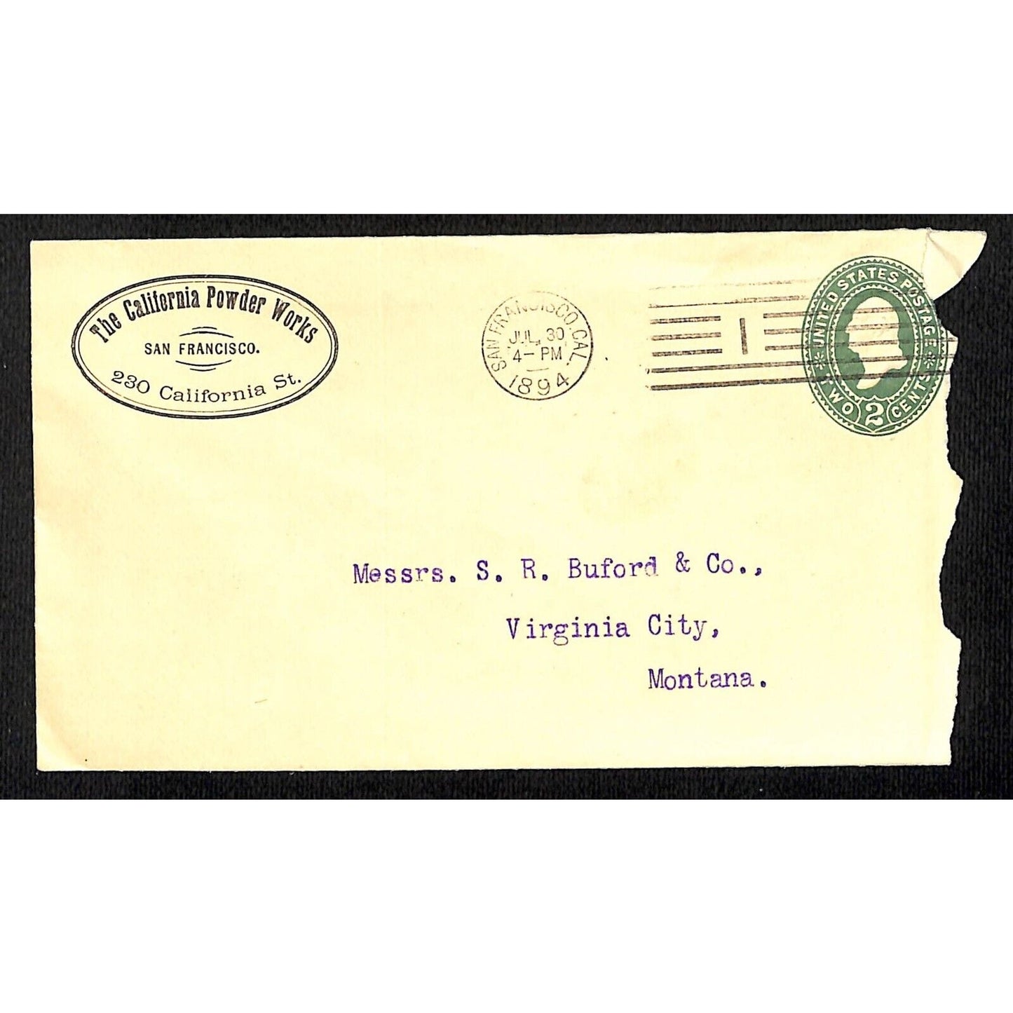 California Powder Works (Hercules) 7/30 1894 Cover S.R. Buford Virginia City, MT