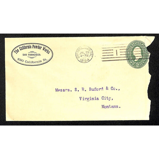 California Powder Works (Hercules) 7/30 1894 Cover S.R. Buford Virginia City, MT