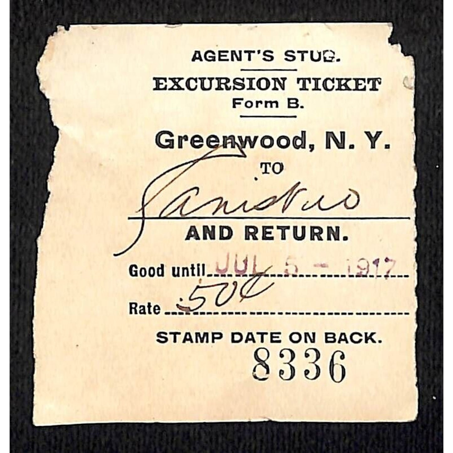 New York & Pennsylvania Ry 1917 Greenwood, NY Excursion Ticket Stub #8336