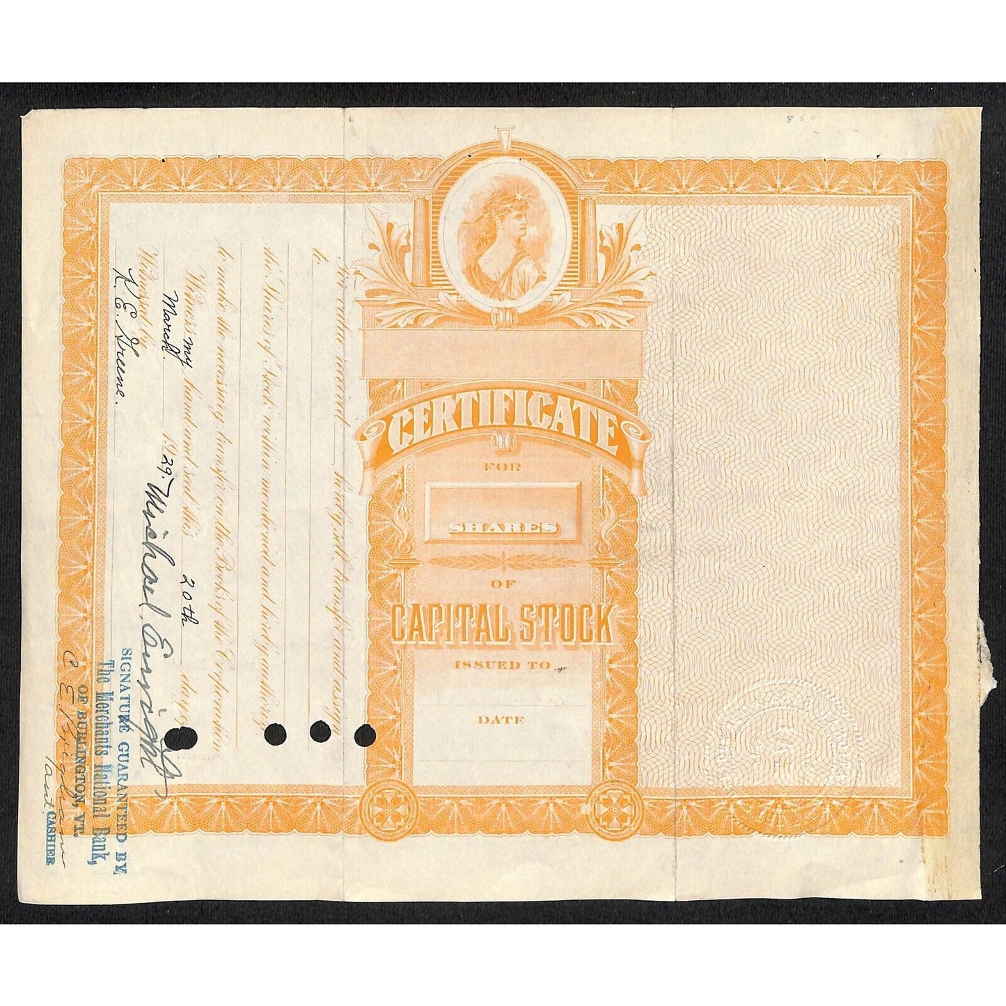 First National Bank of Lovelock, NV 1922 Stock Certificate to Michael Enright *