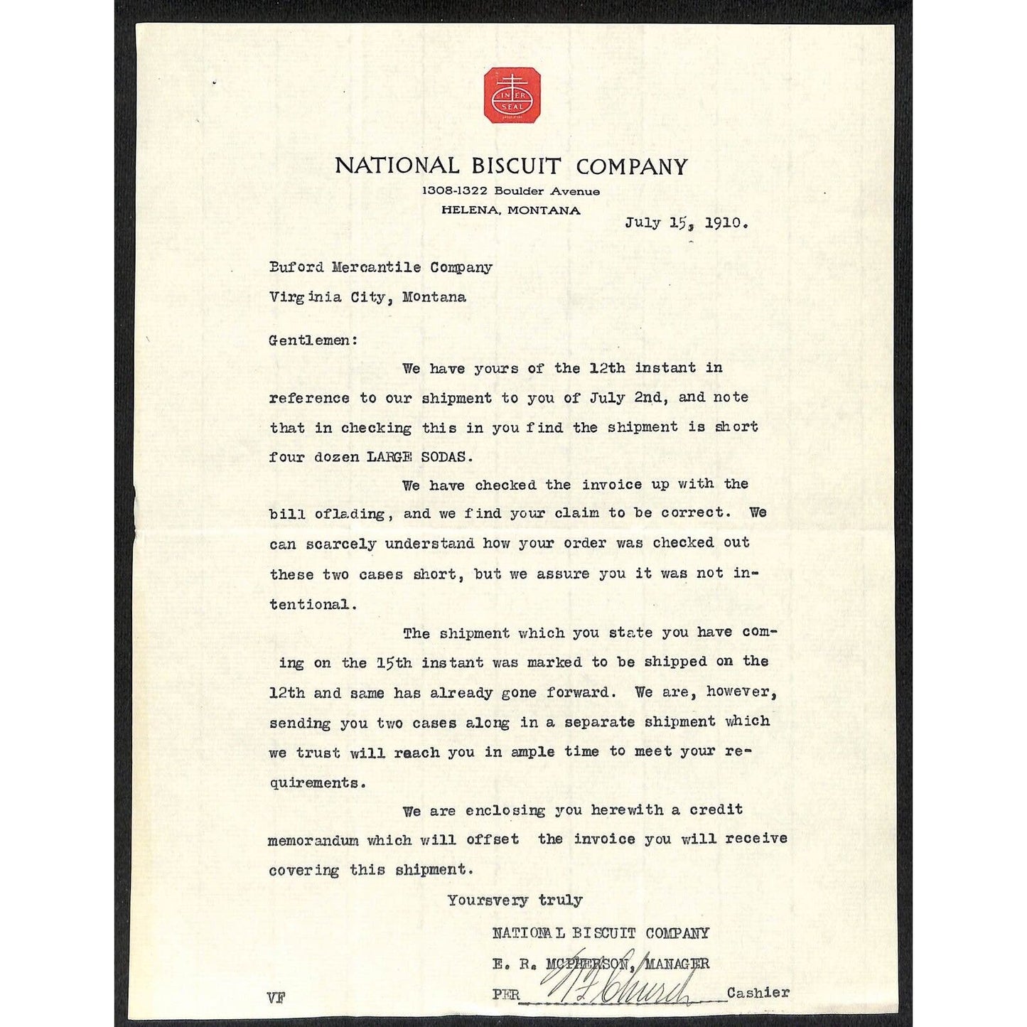 Helena, MT National Biscuit Co. (Nabisco) 1910 Letterhead to Buford*