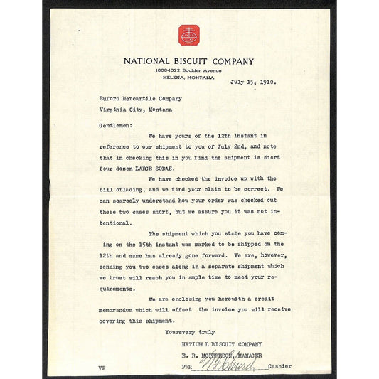 Helena, MT National Biscuit Co. (Nabisco) 1910 Letterhead to Buford*
