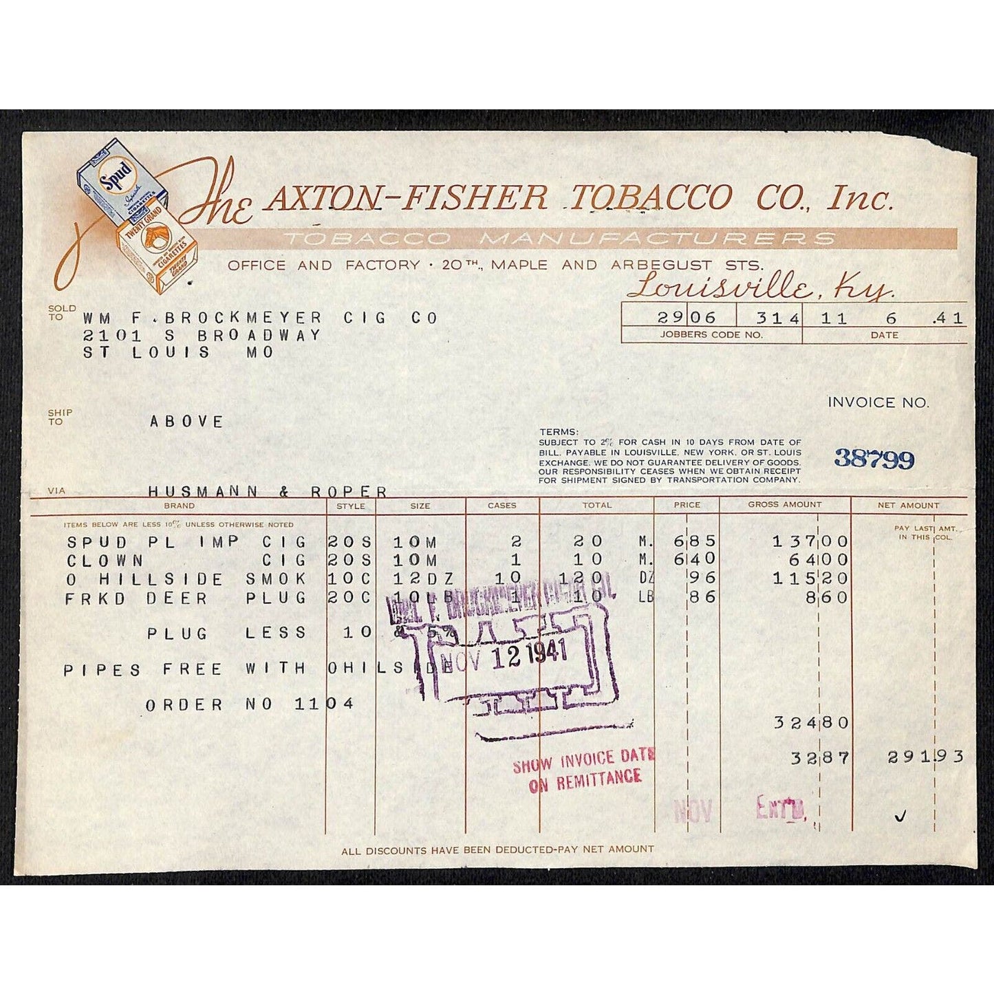 Louisville, KY The Axton-Fisher Tobacco Co Spud Twenty Grand 11/6 1941 Billhead