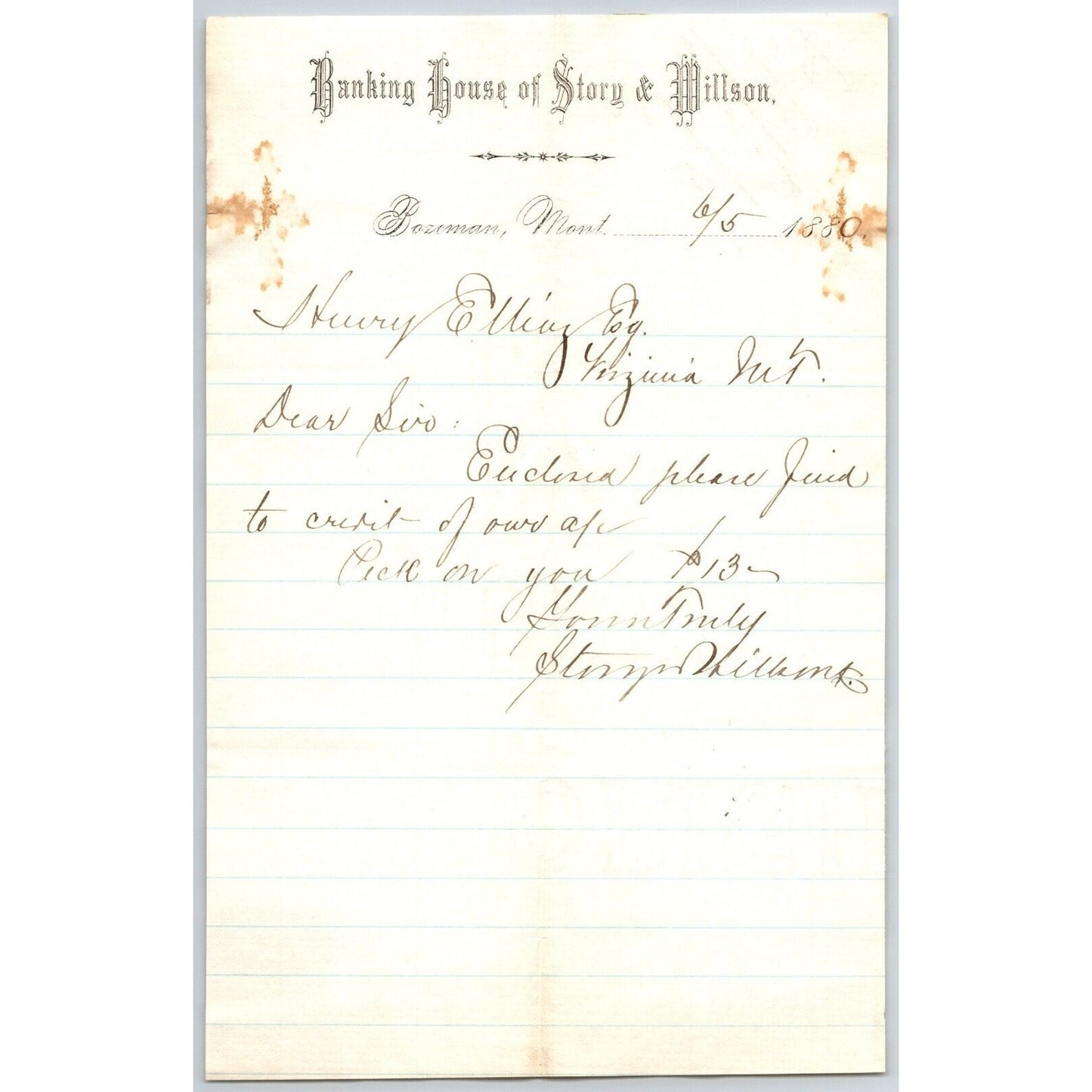 Banking House of Story & Nelson Bozeman, MT 6/5 1880 Letterhead Henry Elling*