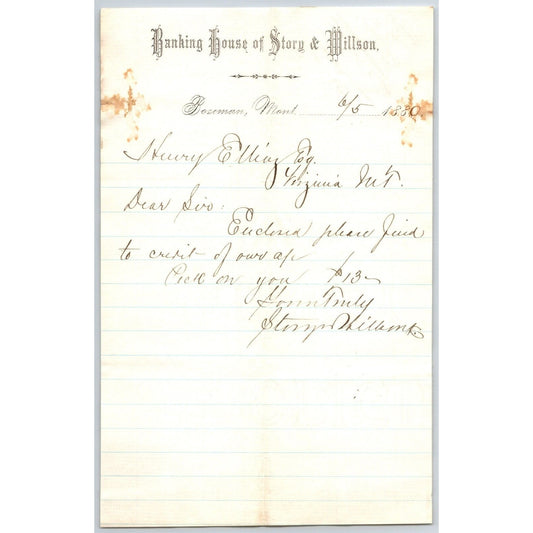 Banking House of Story & Nelson Bozeman, MT 6/5 1880 Letterhead Henry Elling*