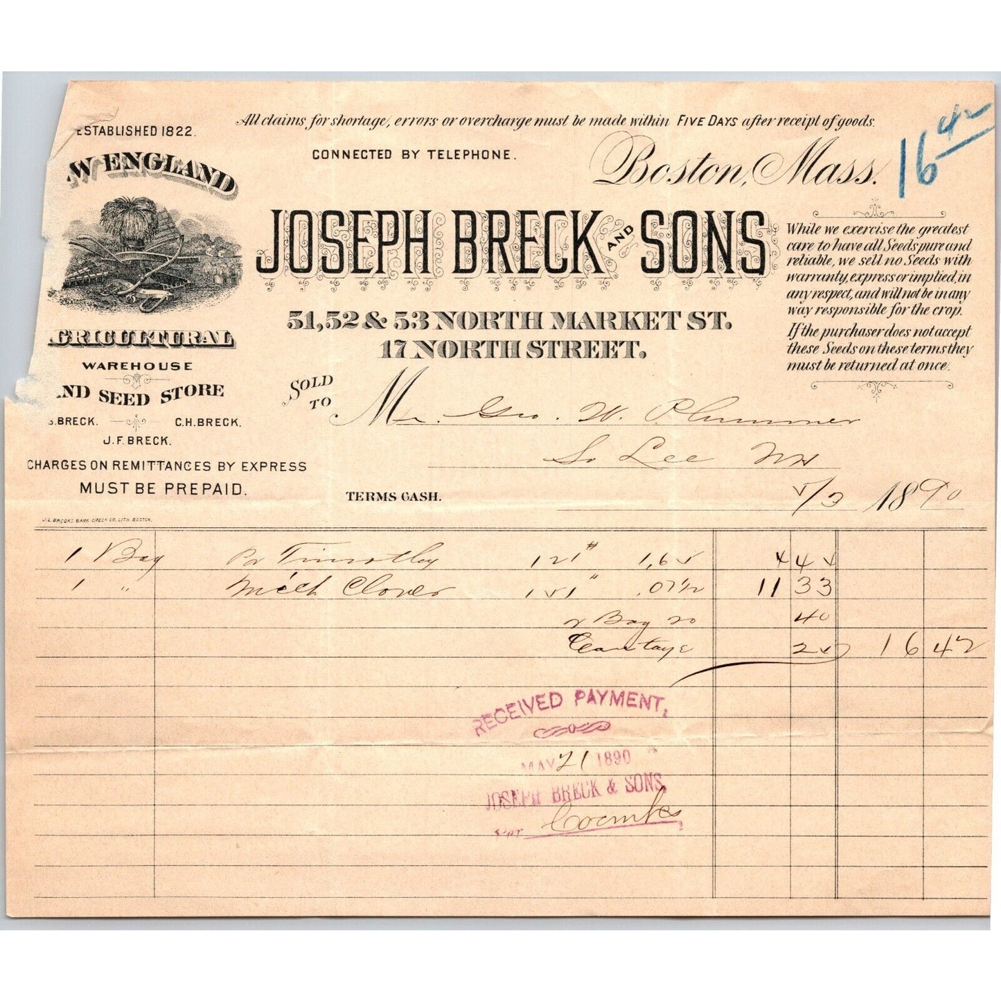Joseph Breck and Sons Agricultural / Seed Store Boston 1890 Billhead Scarce