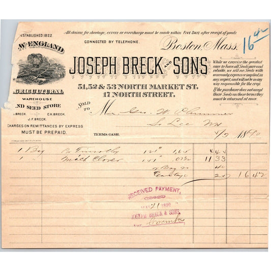 Joseph Breck and Sons Agricultural / Seed Store Boston 1890 Billhead Scarce