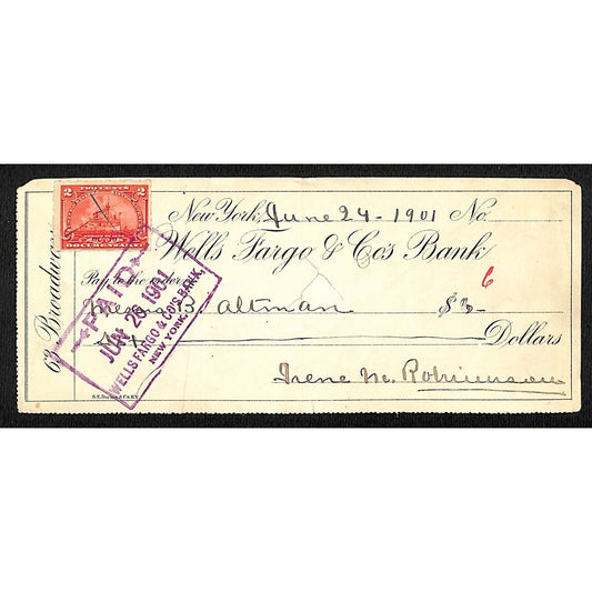1901 Wells Fargo & Co Bank 63 Broadway NYC Check w/ Rev Stamp B. Altman