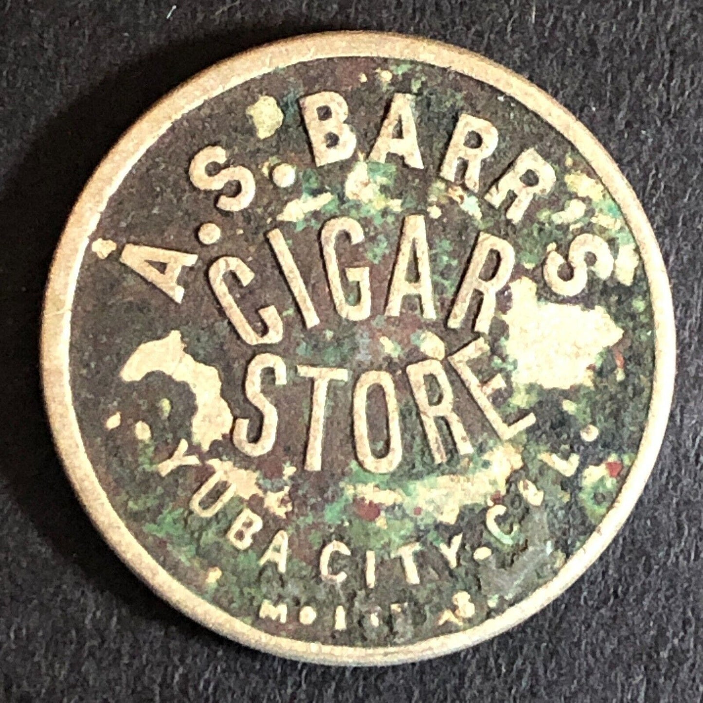 A.S. Barr's Cigar Store Yuba City CA G/F 5c Trade Token 21mm c1900-1914 Scarce