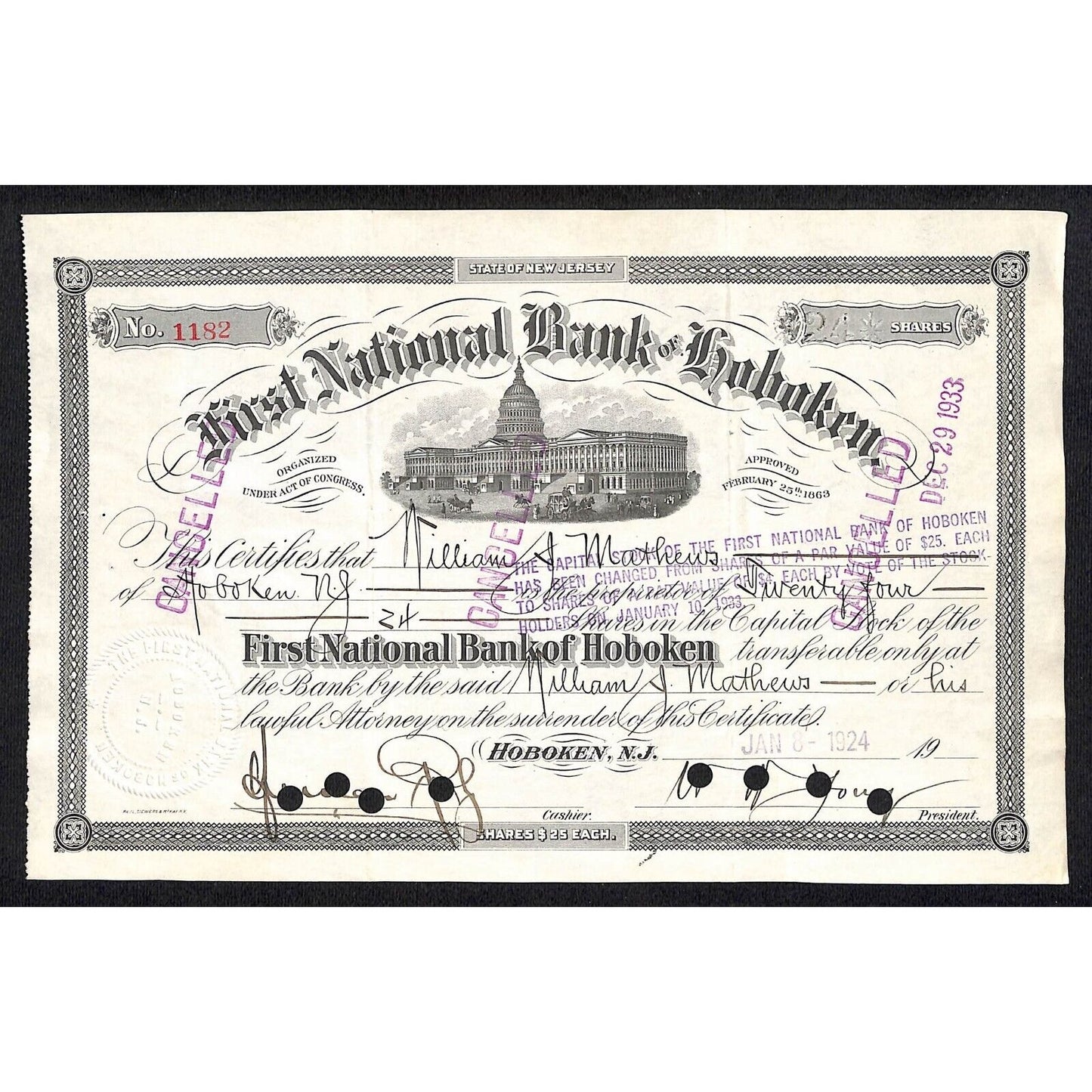 First National Bank of Hoboken NJ 1924 Stock Certificate William Mathews