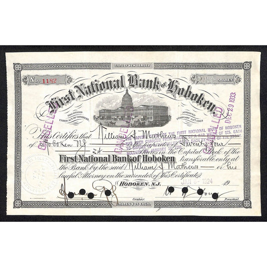 First National Bank of Hoboken NJ 1924 Stock Certificate William Mathews