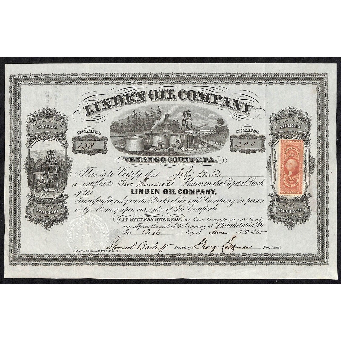 Linden Oil Company Pennsylvania 1865 Stock Certificate Rev Stamp Scarce