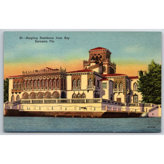 John Ringling Mansion Circus Bay Sarasota Linen Postcard c1935-50 NP VGC