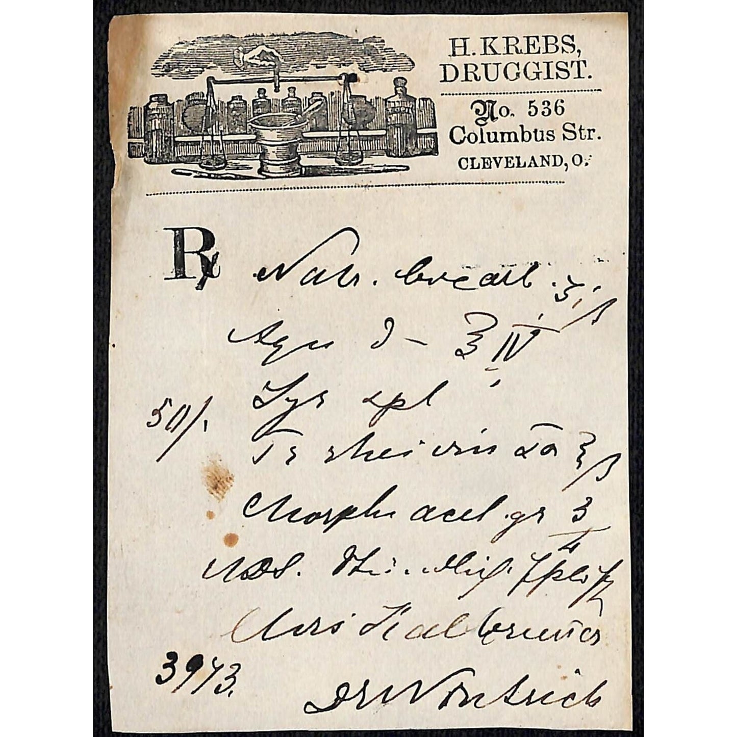 H. Krebs, Druggist Columbus St. Cleveland c1870's* Prescription #3973