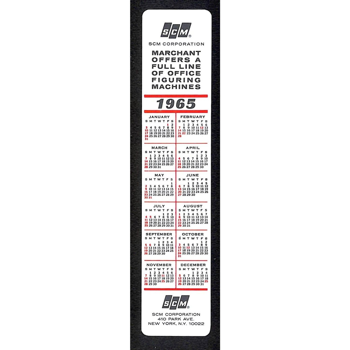 SCM Adding / Figuring Machines 1965 Calendar / 6in Plastic Flex Ruler VGC