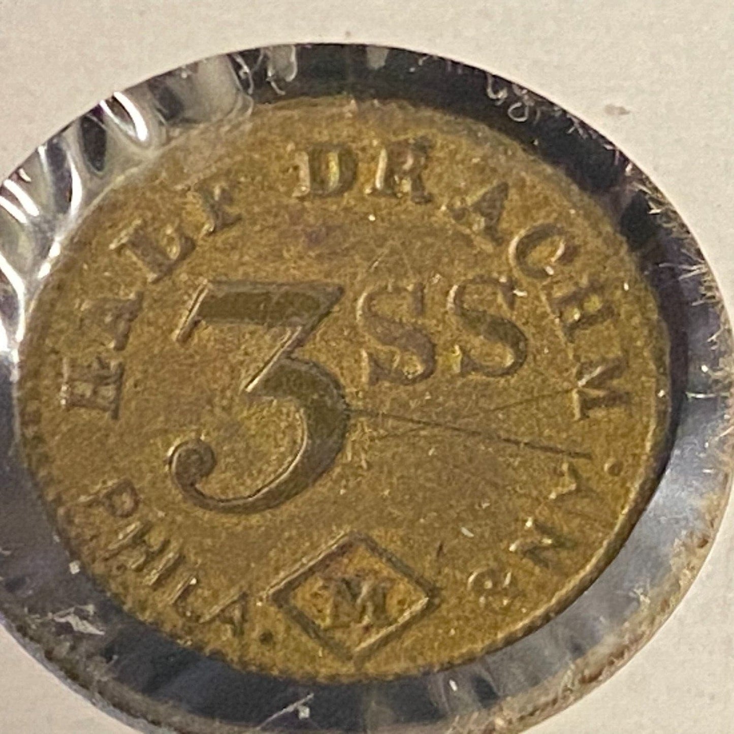 Half Drachm 3SS (John Maris) Phil. NY Apothecary Weight Brass 15mm 1.7g Token