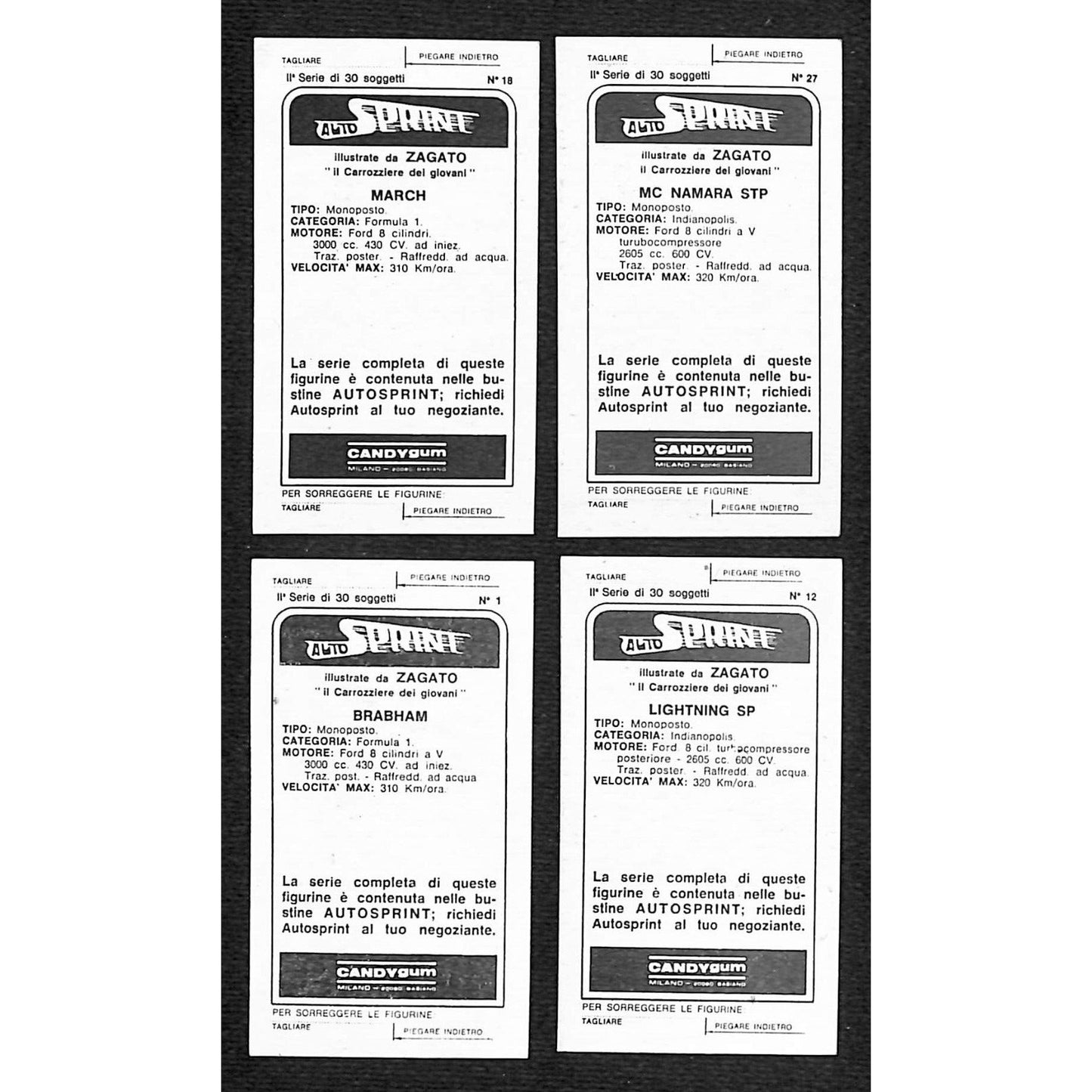 Group of 4 Small Italian Candygum / Auto Sprint Auto Racing Cards (Stickers?)