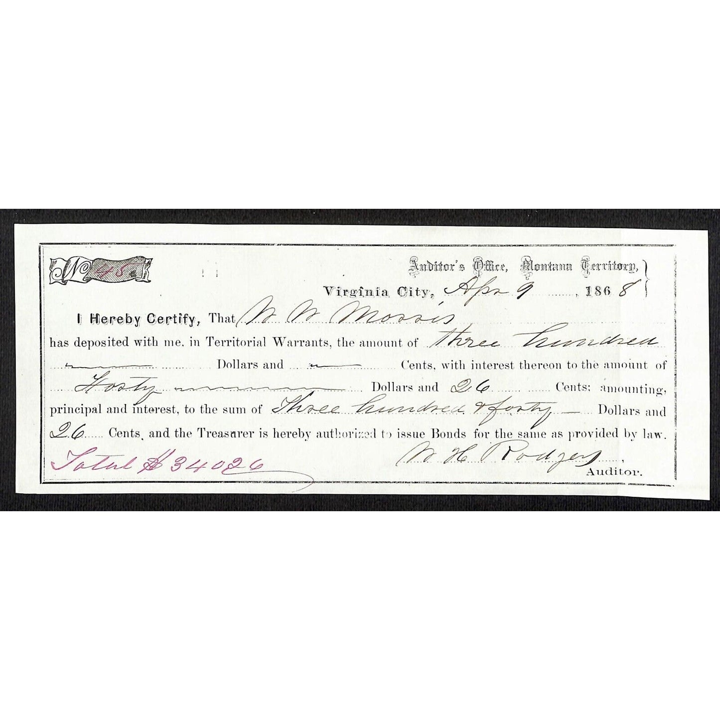 1868 Virginia City, MT Territorial Warrant Deposit Receipt N.N. Morris