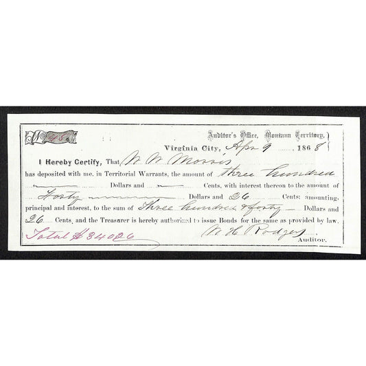 1868 Virginia City, MT Territorial Warrant Deposit Receipt N.N. Morris