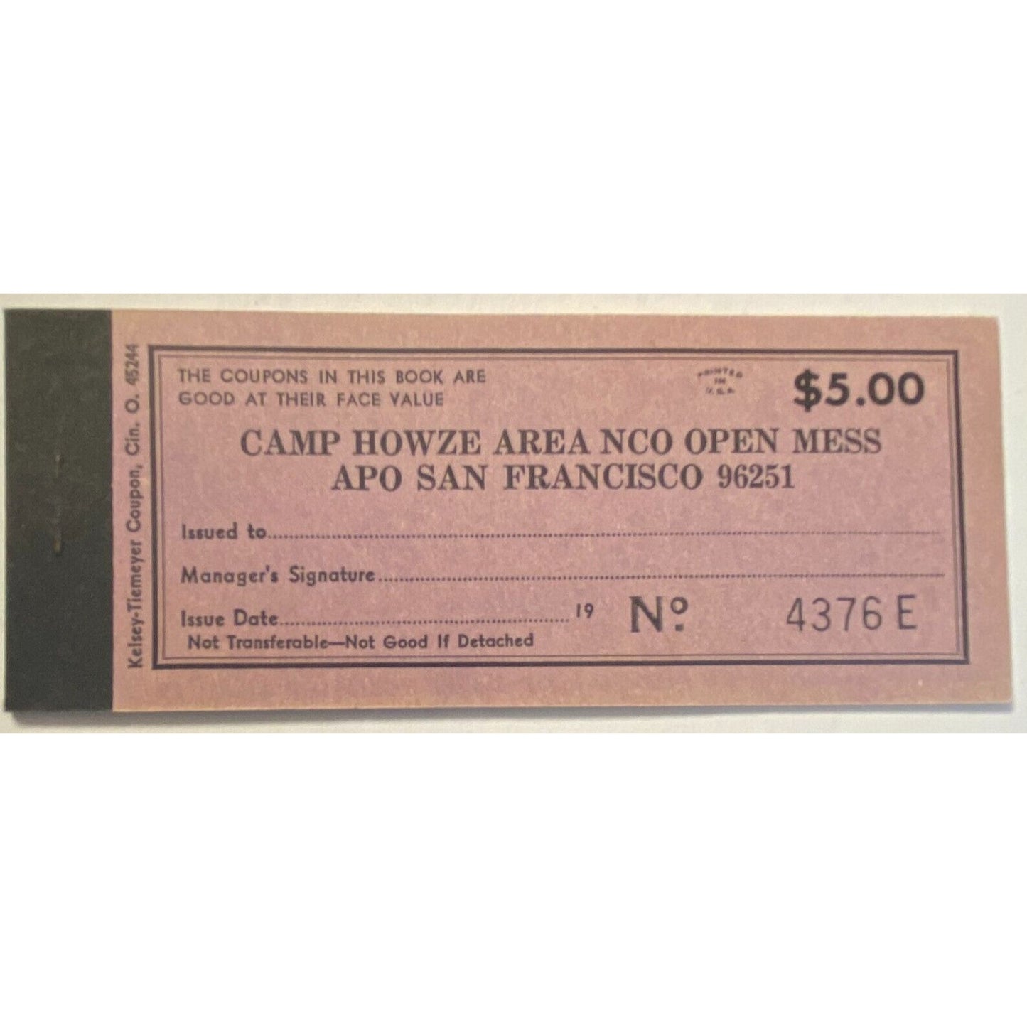 Korea Camp Howze Area NCO Open Mess Partial $5.00 Coupon Booklet Not Canceled VG