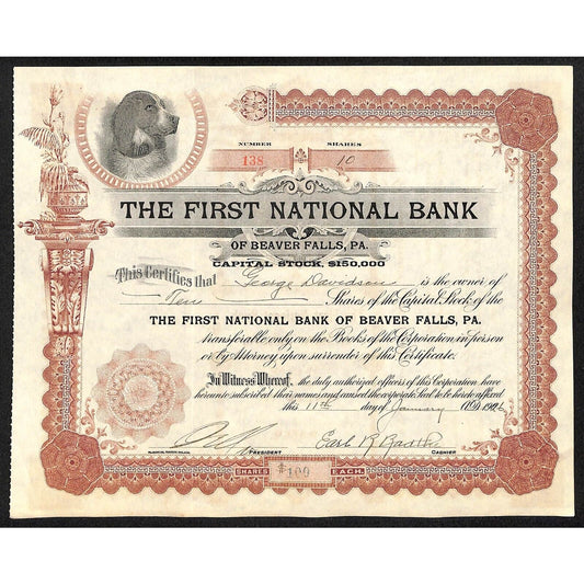 First National Bank of Beaver Falls PA 1906 Stock Certificate George Davidson