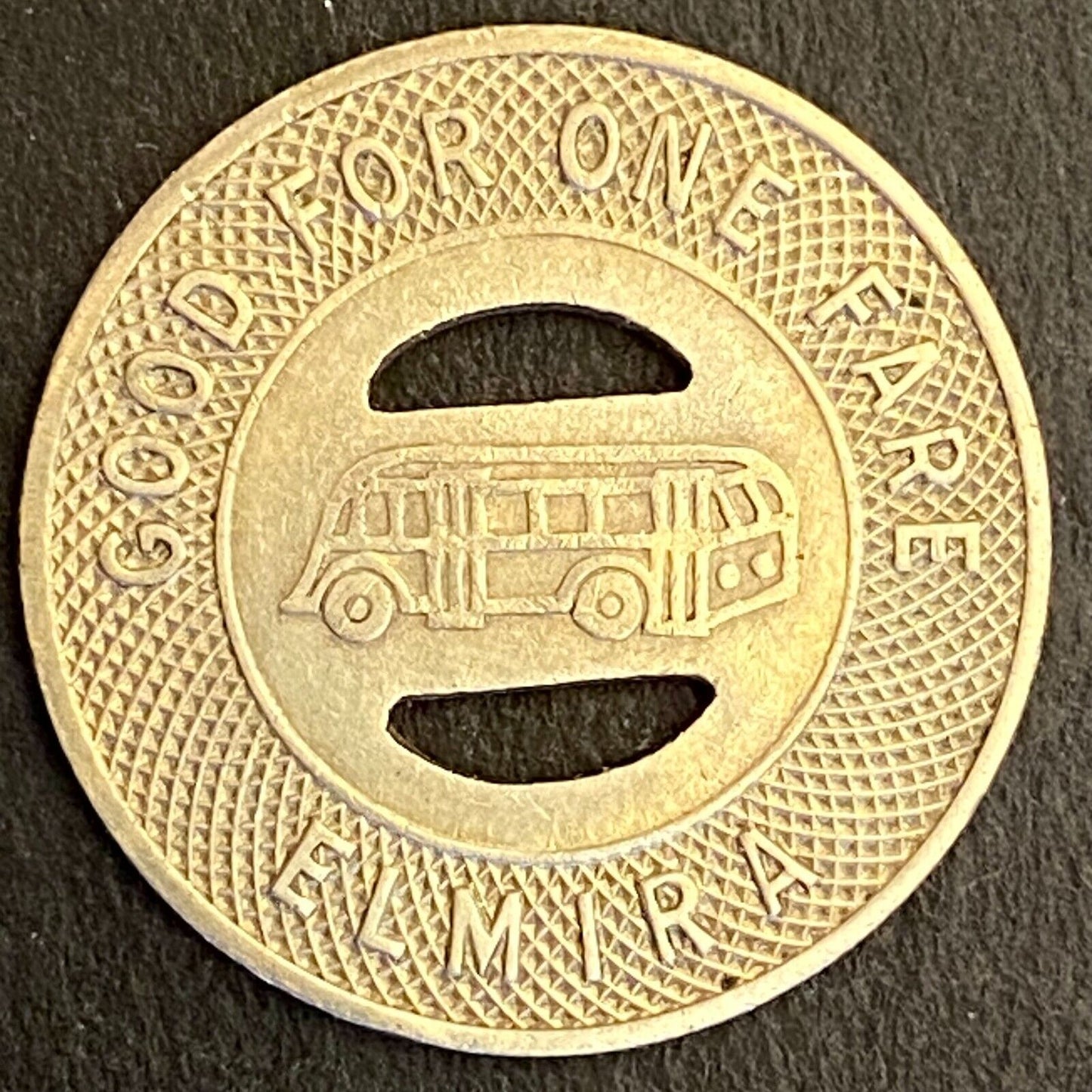 N.Y.S.E. & G. Corp G/F One Fare Elmira Transit Token c1944 21mm (#3)