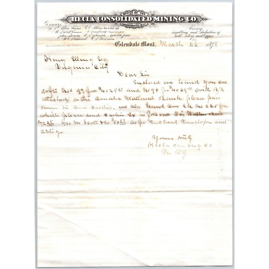 Hecla Consolidate Mining Glendale, MT 1878 ALS Letterhead Henry Elling* Scarce