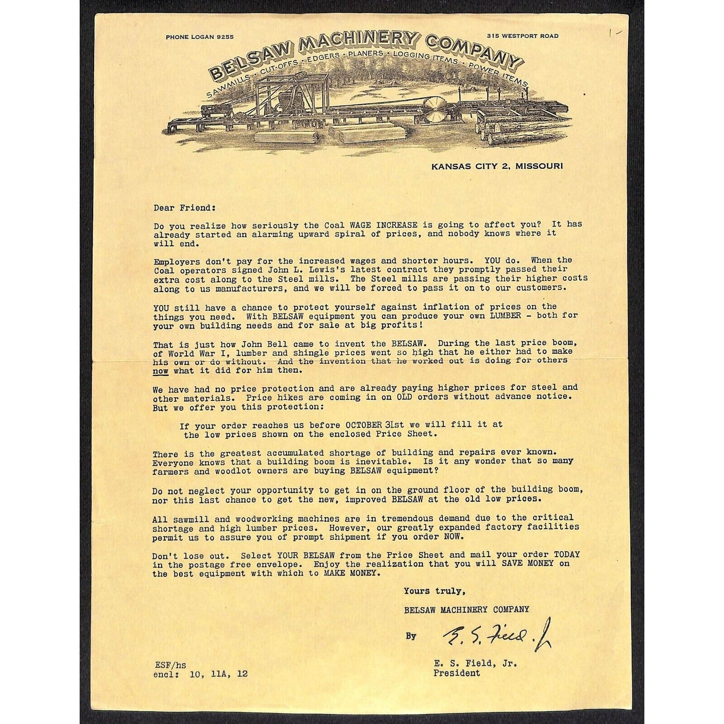 Belsaw Machinery Co Kansas City, MO c1928-30s Letterhead re: Coal Wage Increase