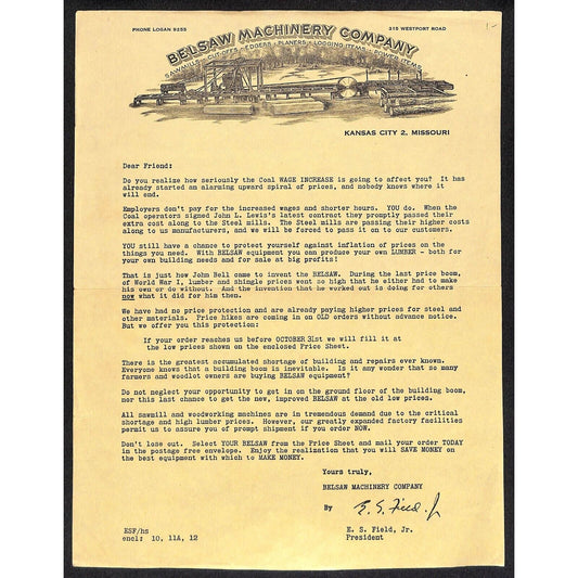 Belsaw Machinery Co Kansas City, MO c1928-30s Letterhead re: Coal Wage Increase