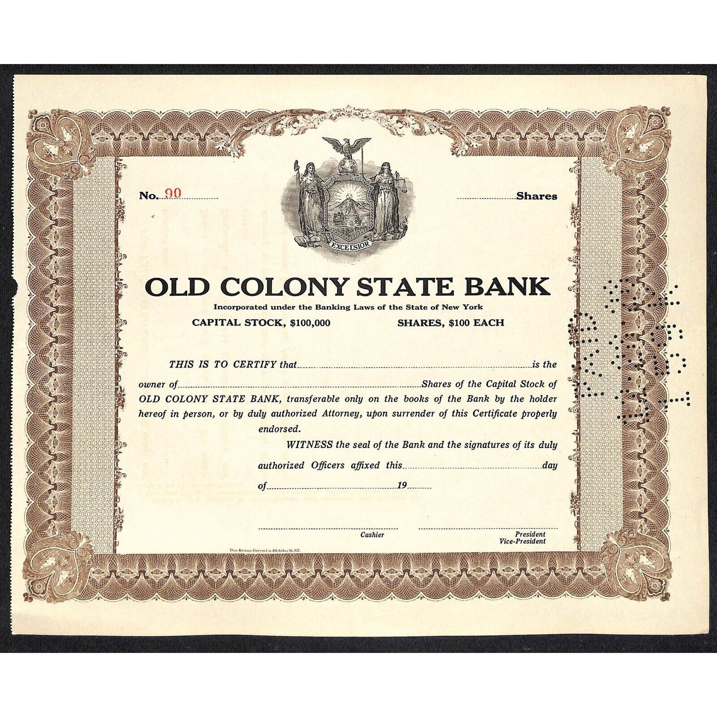 Old Colony State Bank NY c1925 (1928 Cancel) Stock Certificate Unissued #90 VGC