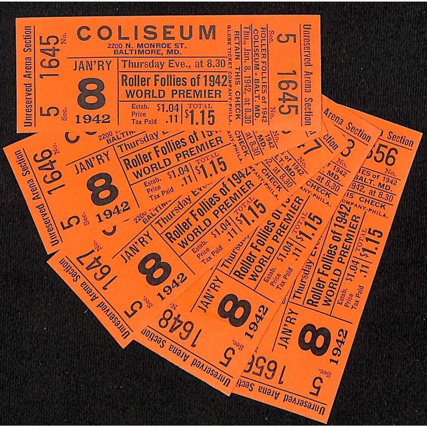 Baltimore Coliseum 5 Tickets "Roller Follies of 1942 World Premier"