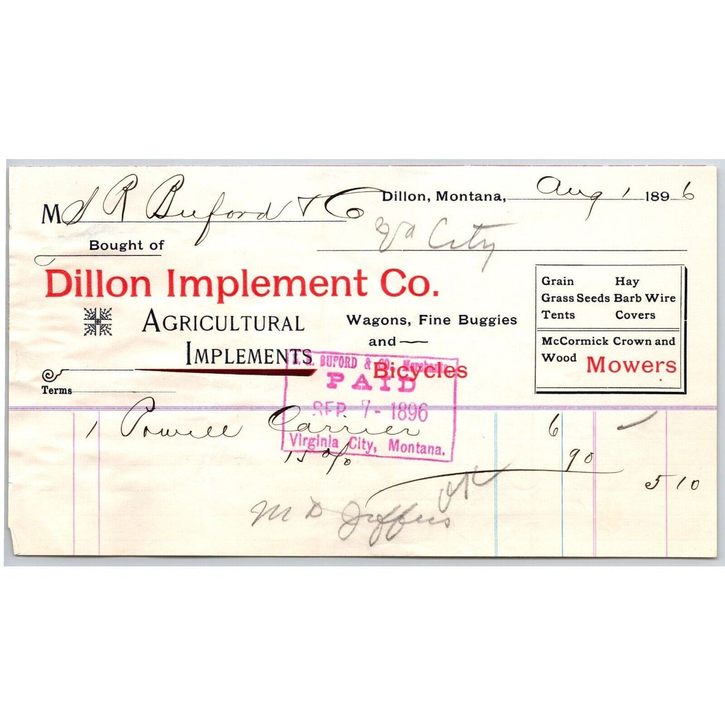 Dillon, MT Dillon Implement 1896 Bicycles Billhead S.R. Buford* Virginia City