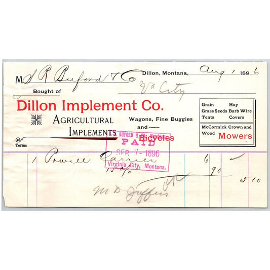 Dillon, MT Dillon Implement 1896 Bicycles Billhead S.R. Buford* Virginia City