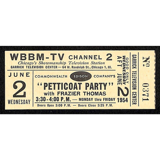 1954 WBBM-TV Channel 2 Chicago "Petticoat Party" Ticket #0371 Scarce