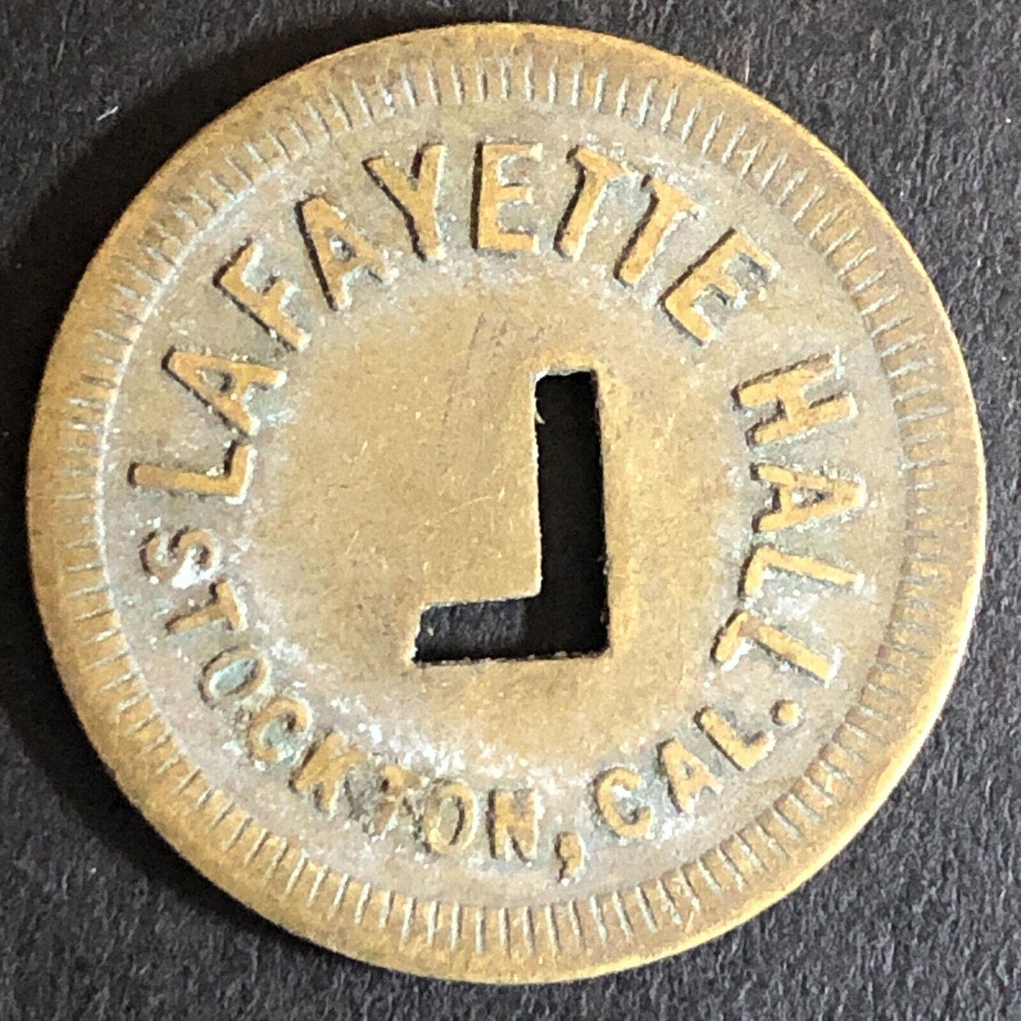 Lafayette Hall Stockton, CA Brass Trade Token w/ "L" Cutout 24mm - VGC Scarce