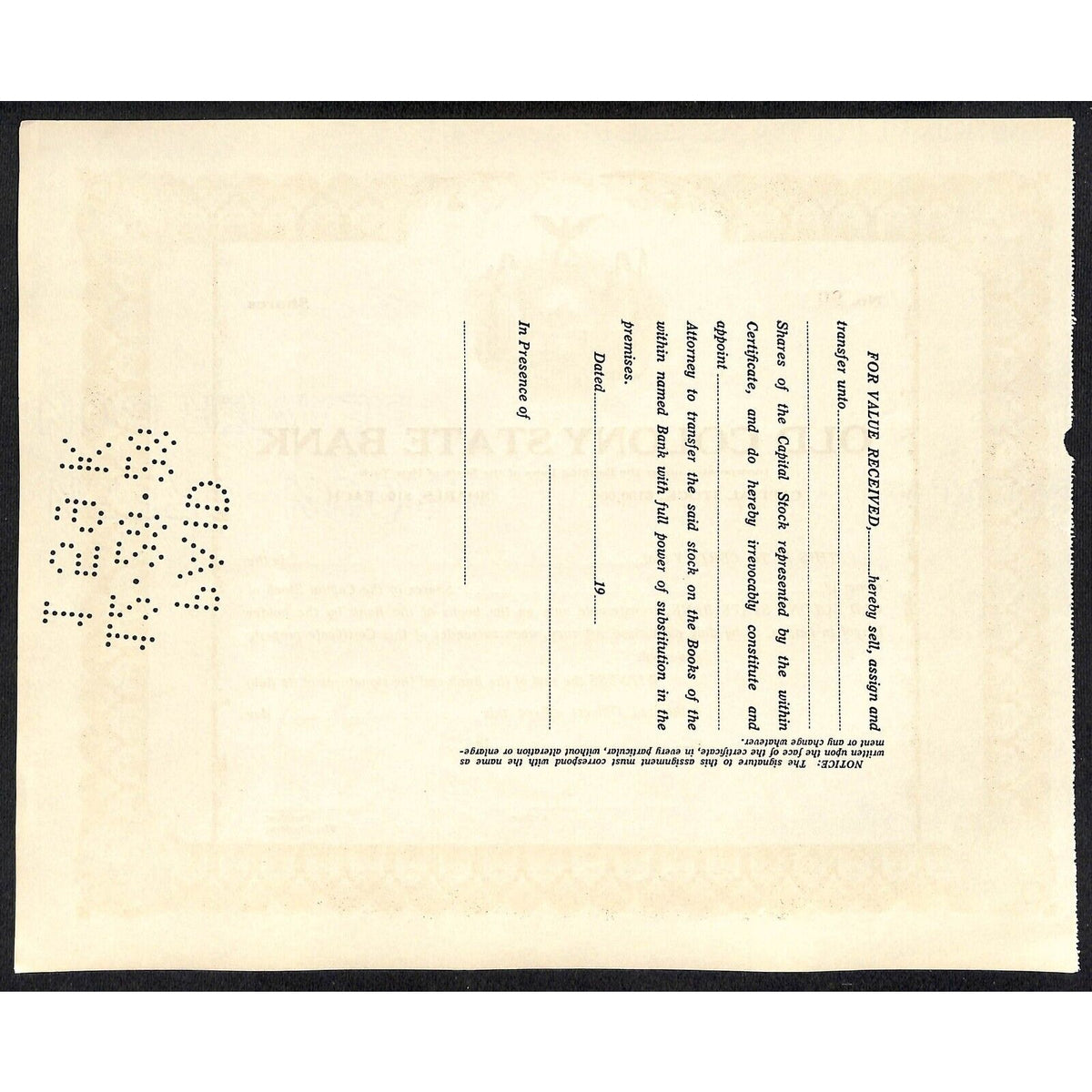 Old Colony State Bank NY c1925 (1928 Cancel) Stock Certificate Unissued #89 VGC