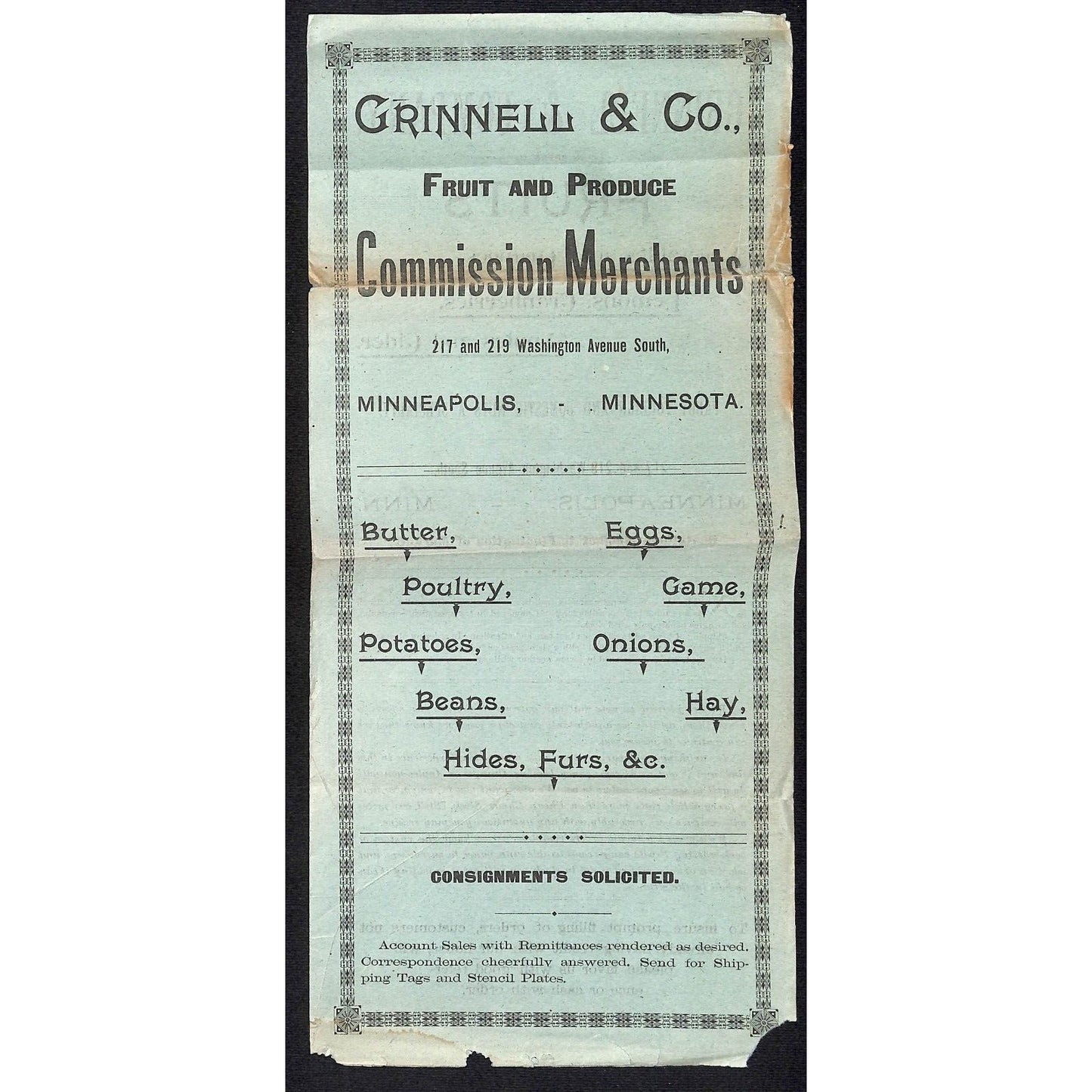 Grinnell & Co. Minneapolis Fruit Produce Merchants 1890 Price List Sheet Scarce