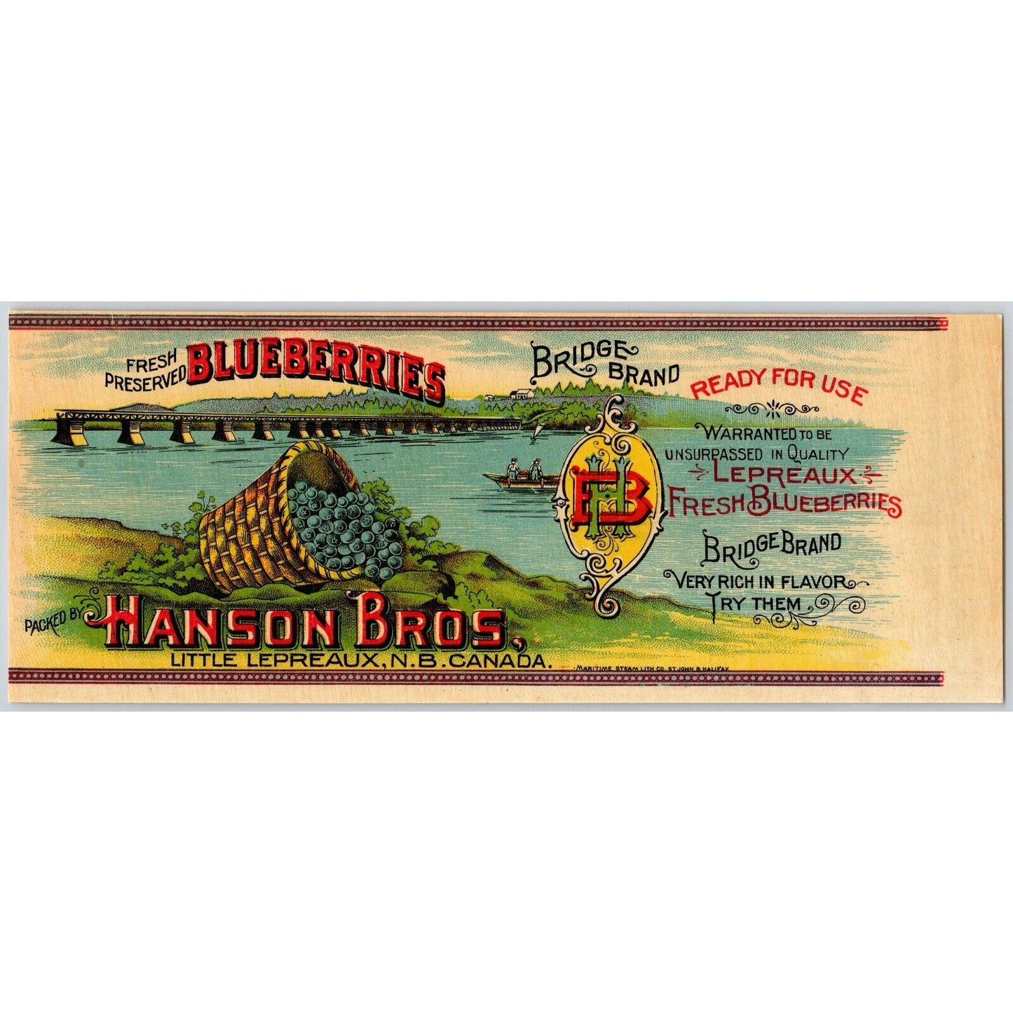 Hanson Bros. Bridge Brand Blueberries Canadian Paper Can Label c1903 - Scarce